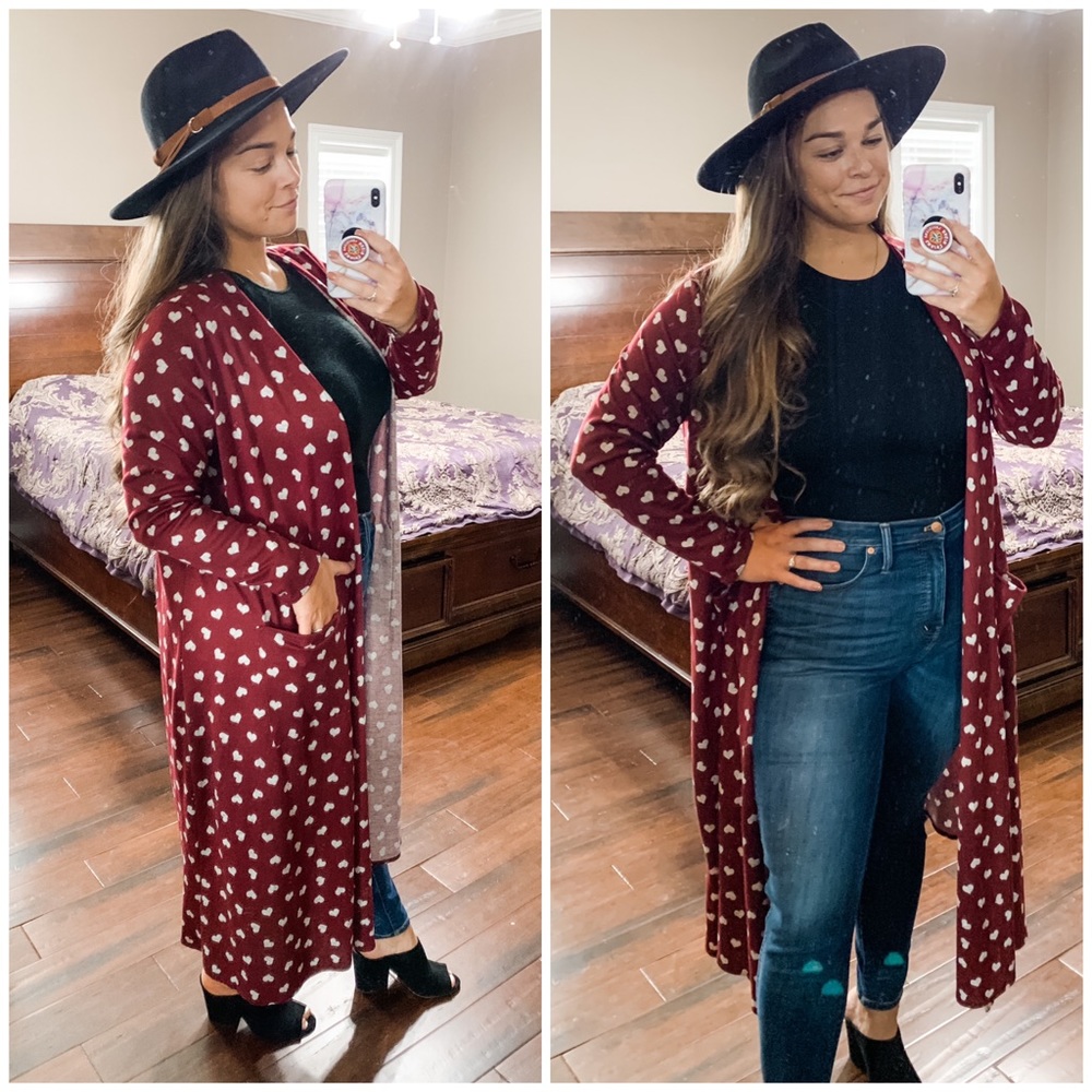 LulaRoe Sarah Maroon Heart Duster Cardigan